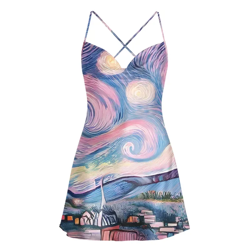 Soulisfree Starry Village Dreamscape Cowl Neck Satin Mini Dress
