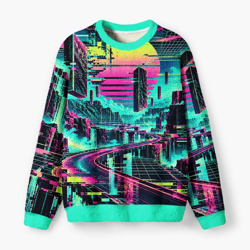 Soulisfree Neon Cyber City Fuzzy Crewneck Sweater