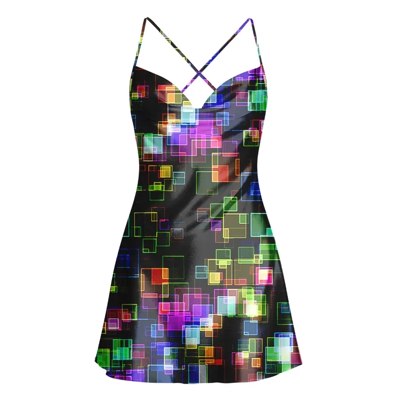 Soulisfree Glitch Color Block Grid Cowl Neck Satin Mini Dress