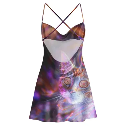 Soulisfree Cosmic Rainbow Eye Spiral Cat  Cowl Neck Satin Mini Dress