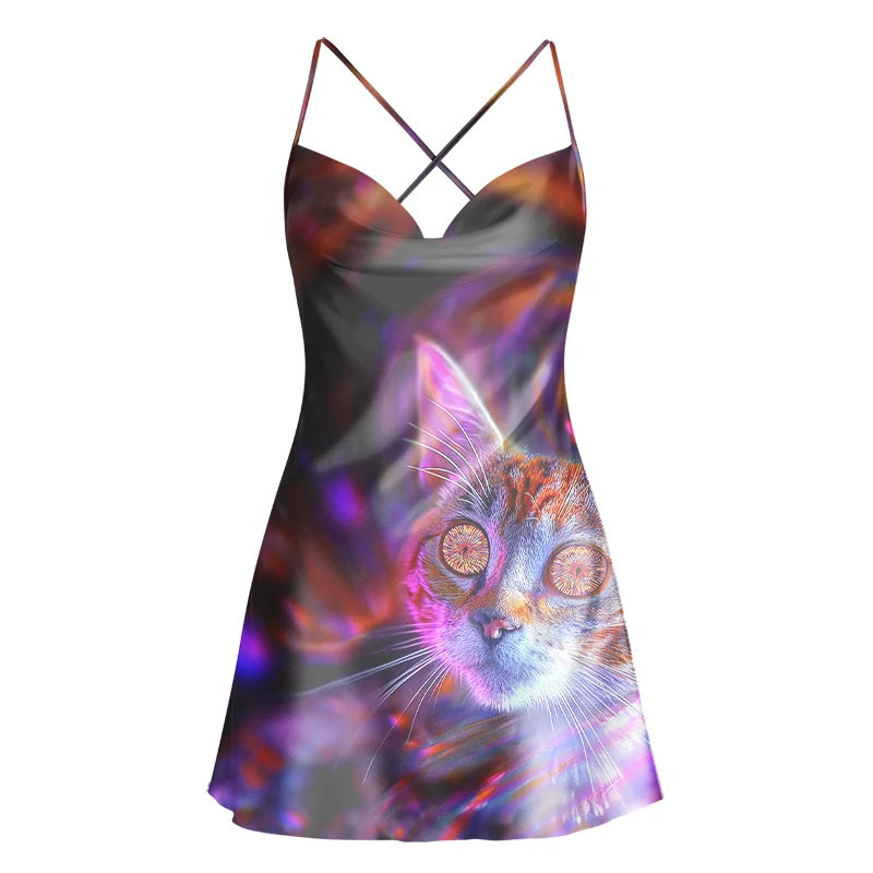 Soulisfree Cosmic Rainbow Eye Spiral Cat  Cowl Neck Satin Mini Dress