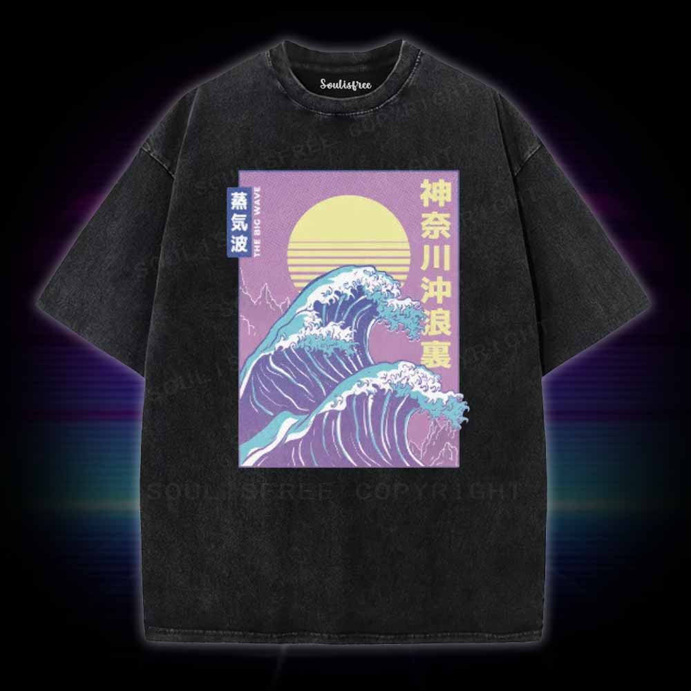 Soulisfree Retro Vaporwave Great Wave Washed Tee