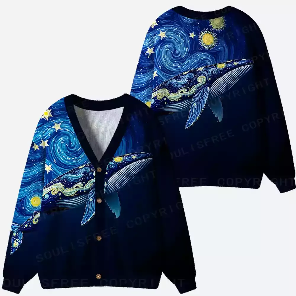 Starry Night Whale Ugly Cardigan Sweaters 