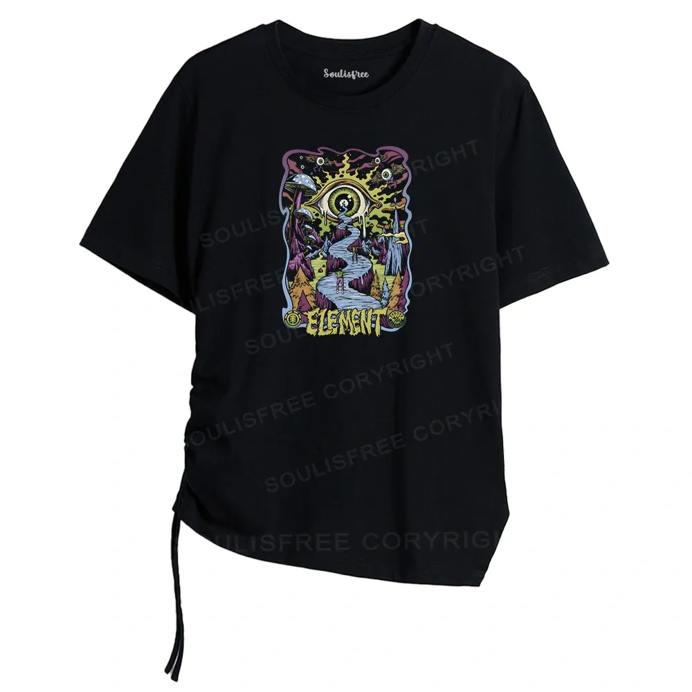 Designed Psychedelic Elements Asymmetrical Top With Side Drawstring