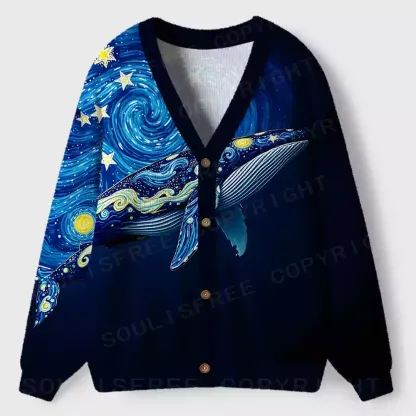 Starry Night Whale Ugly Cardigan Sweaters 