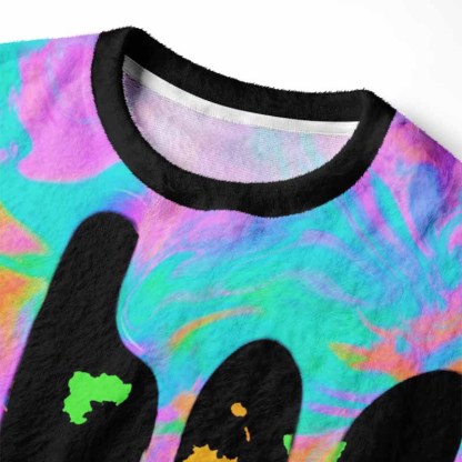 Soulisfree Neon Drip Galaxy with Floating Handprints Fuzzy Crewneck Sweater