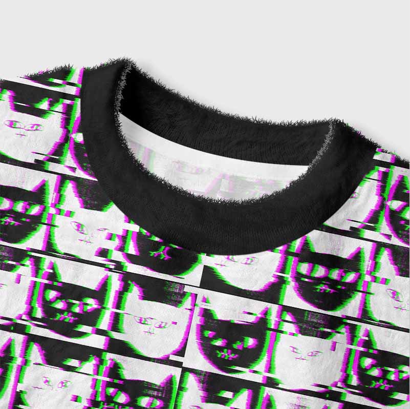 Soulisfree Neon Glitch Cat Women's Fuzzy Crewneck Sweater