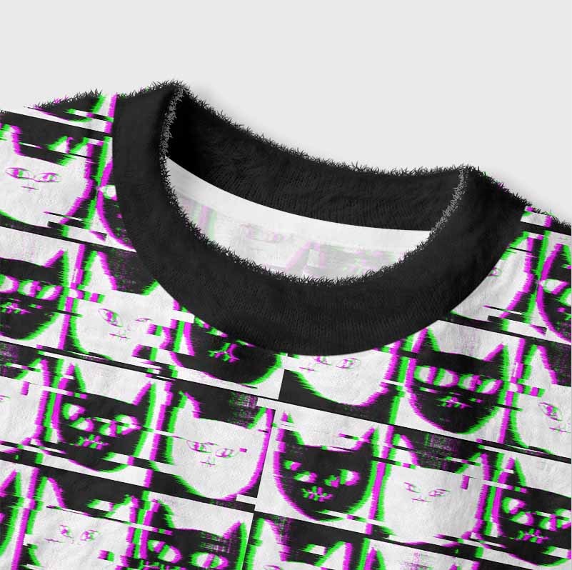 Soulisfree Neon Glitch Cat Women's Fuzzy Crewneck Sweater