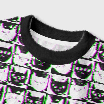 Soulisfree Neon Glitch Cat Women's Fuzzy Crewneck Sweater