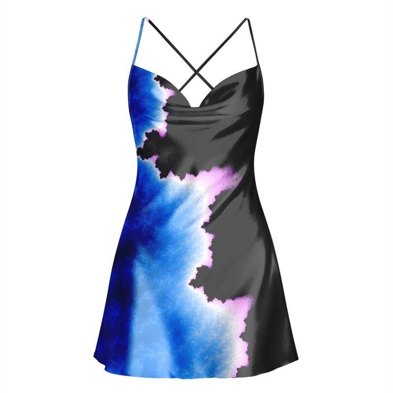 Soulisfree Cosmic Nebula Edge Cowl Neck Satin Mini Dress