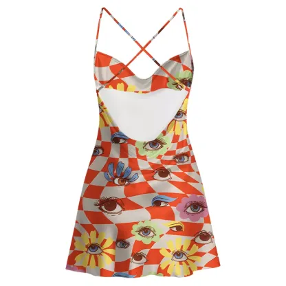 Soulisfree Checkered Ocular Bloom Satin Mini Dress