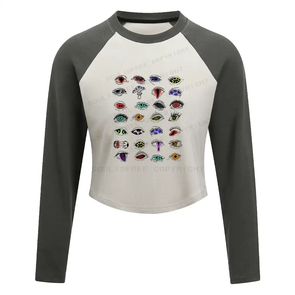 The Psychedelic Eyes Of All Beings Block Raglan Long Sleeve Crop Top
