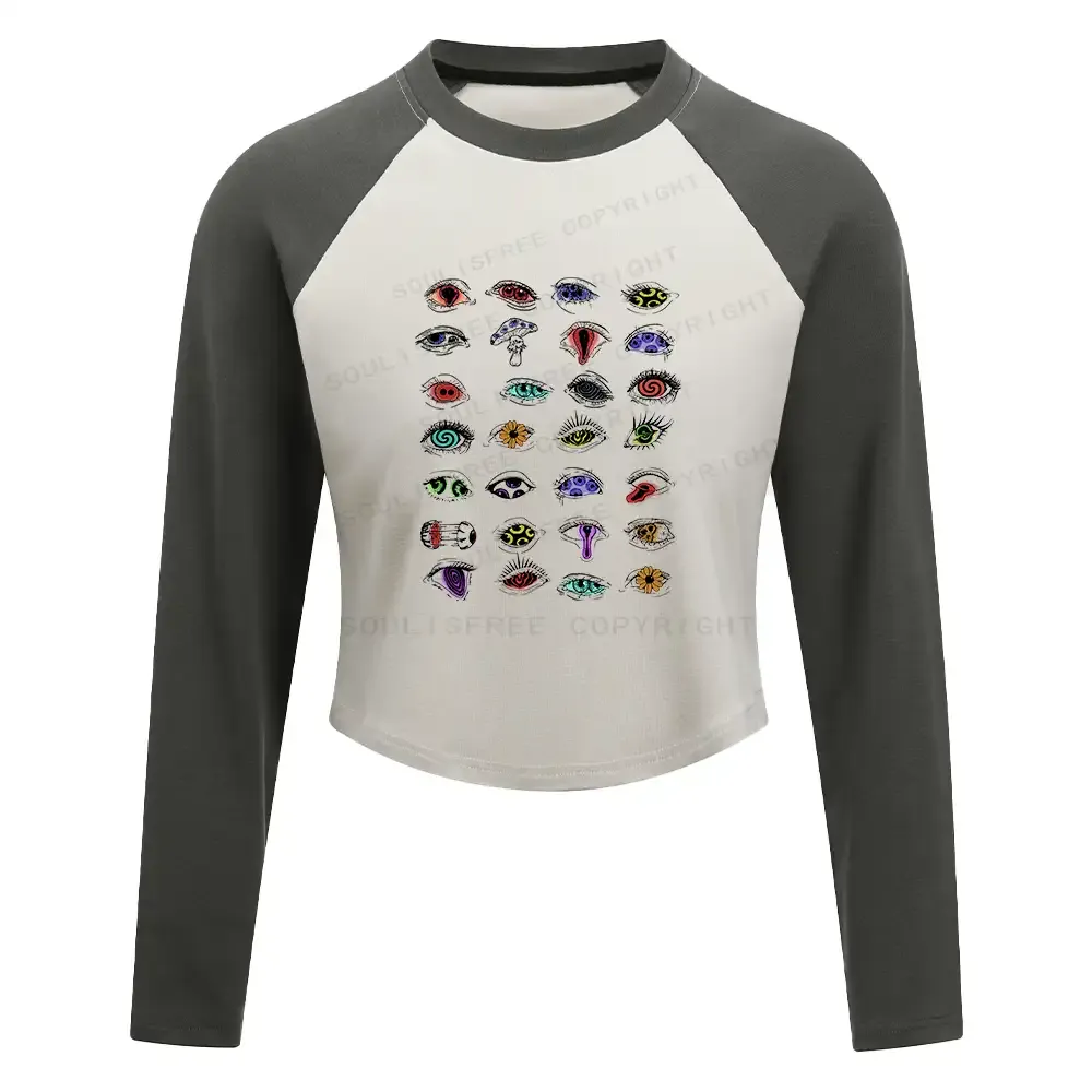 The Psychedelic Eyes Of All Beings Block Raglan Long Sleeve Crop Top