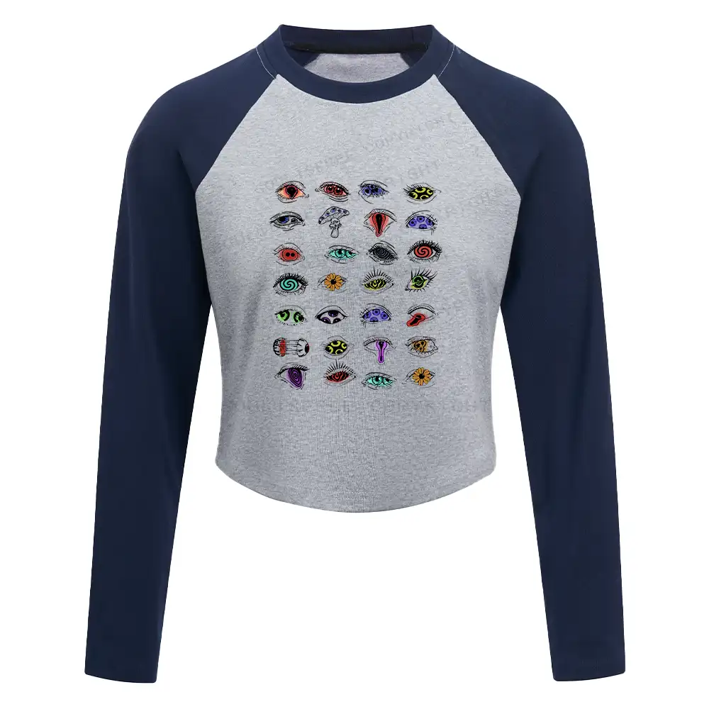 The Psychedelic Eyes Of All Beings Block Raglan Long Sleeve Crop Top