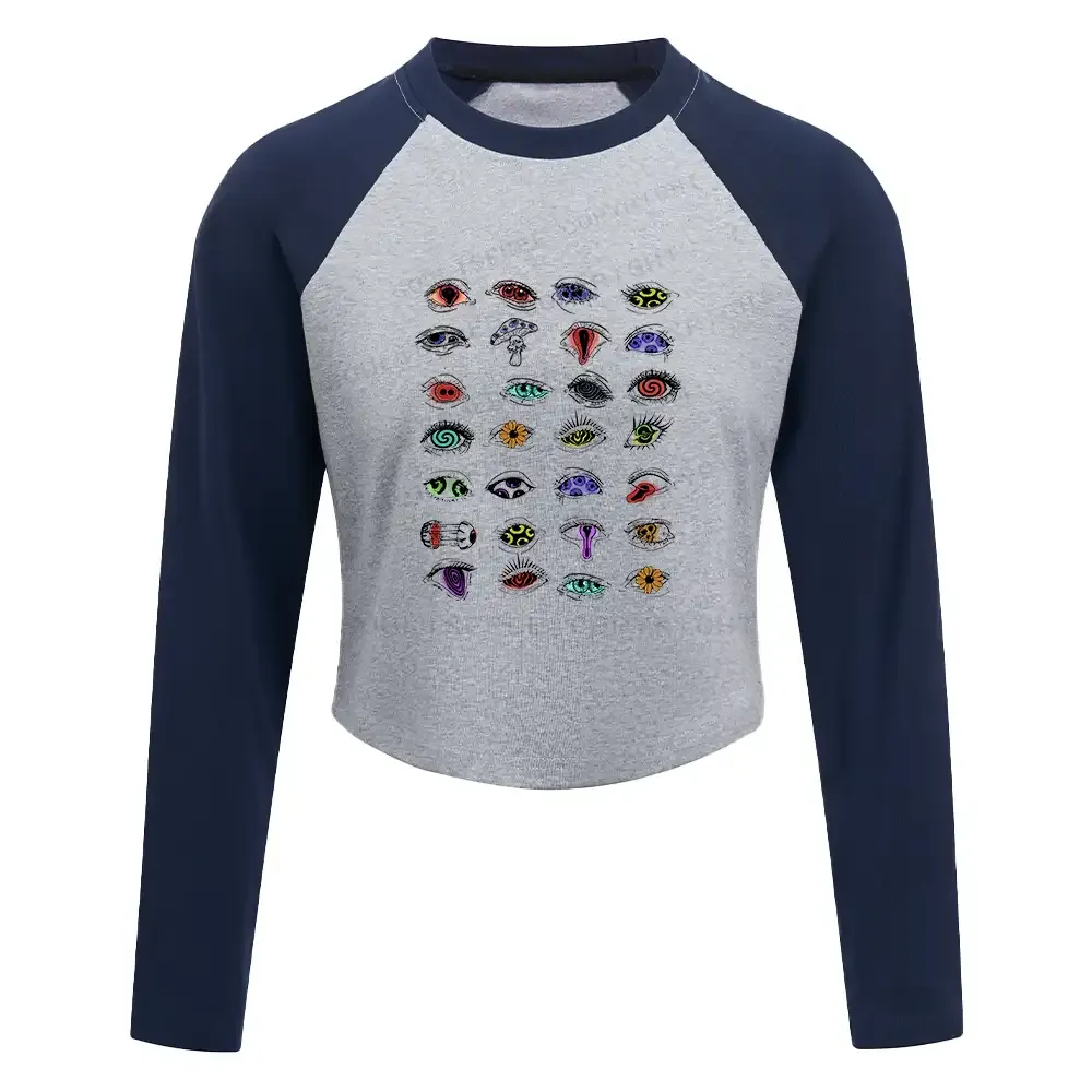 Designed The Psychedelic Eyes Of All Beings Block Raglan Long Sleeve Crop Top