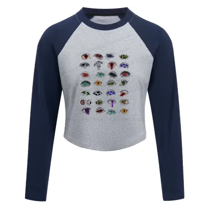 The Psychedelic Eyes Of All Beings Block Raglan Long Sleeve Crop Top