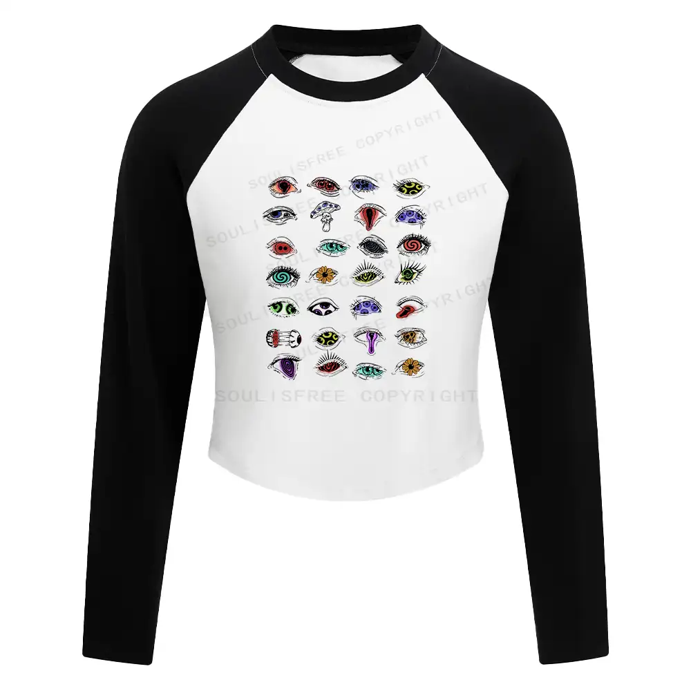 The Psychedelic Eyes Of All Beings Block Raglan Long Sleeve Crop Top