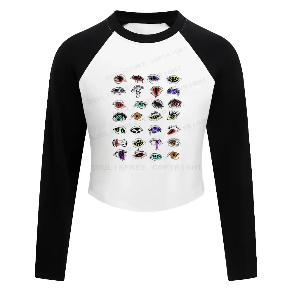 The Psychedelic Eyes Of All Beings Block Raglan Long Sleeve Crop Top
