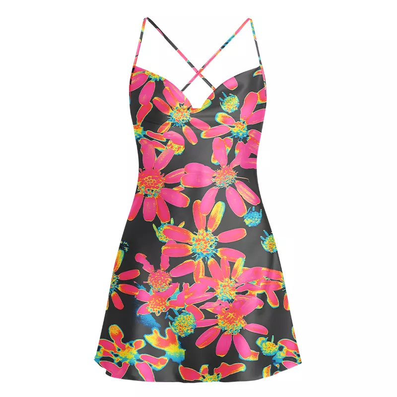 Soulisfree Cyber Garden  Cowl Neck Satin Mini Dress