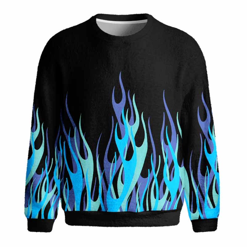 Soulisfree Blue Neon Fire Fuzzy Crewneck Sweater