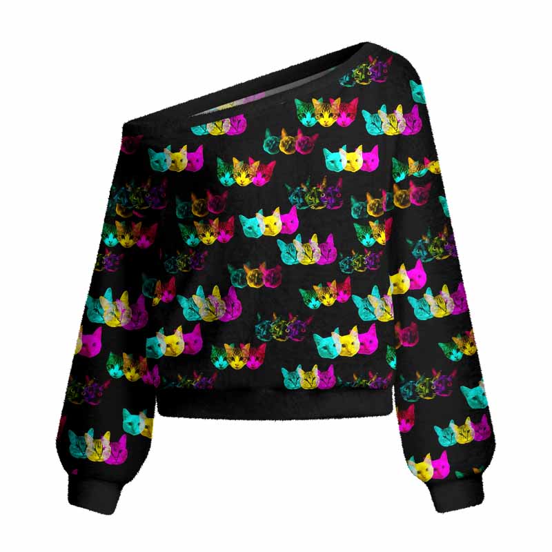 Soulisfree Glitch Art Neon Cat Women's Fuzzy Crewneck Sweater