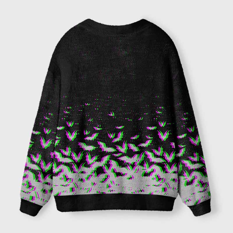 Soulisfree Vaporwave Flying Bats  Fuzzy Cardigan Sweater 