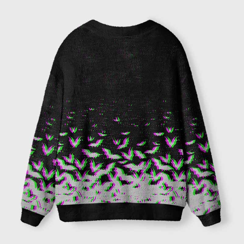 Soulisfree Vaporwave Flying Bats  Fuzzy Cardigan Sweater 