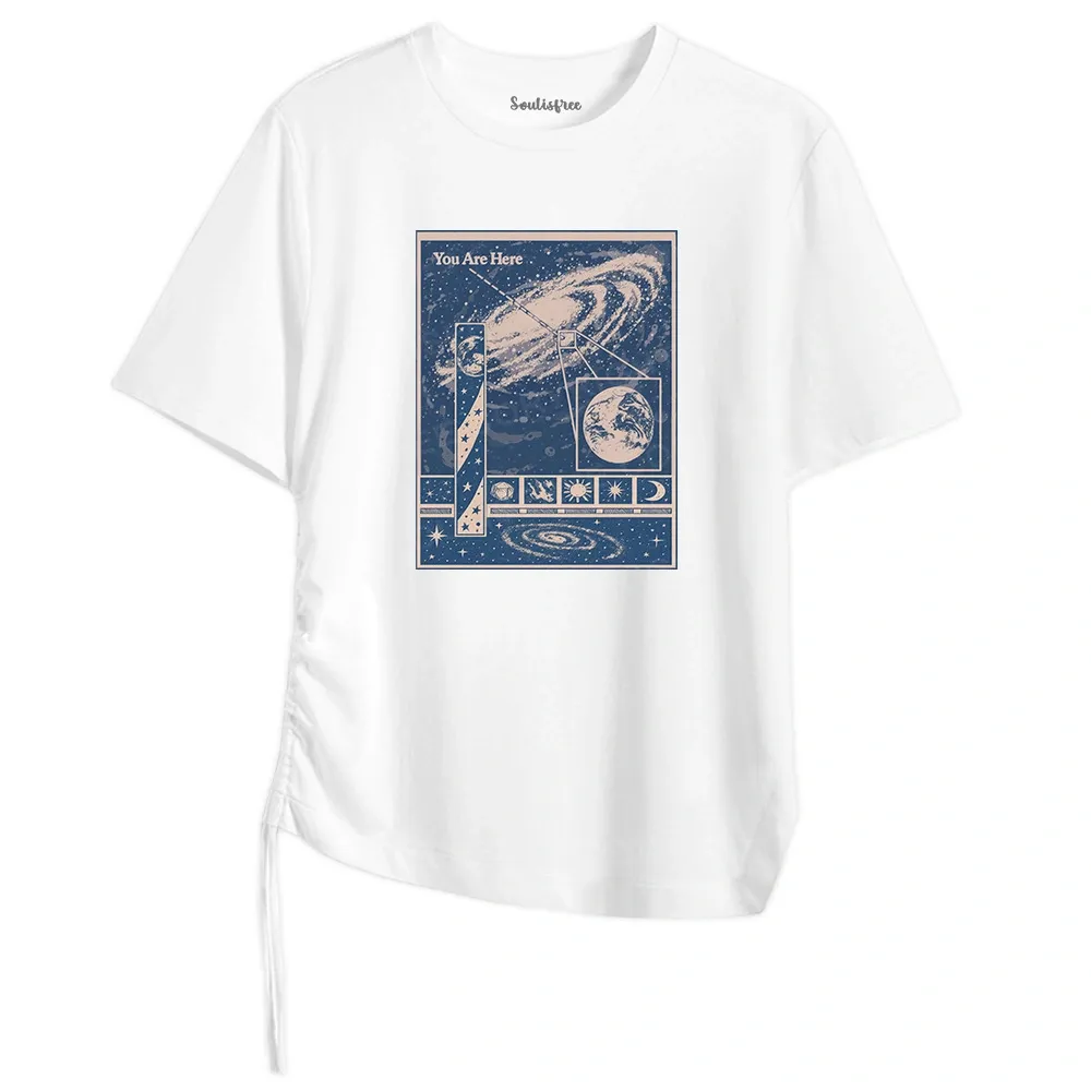 Designed You Are Here Washed Space T-shirt Asymmetrical Top With Side Drawstring