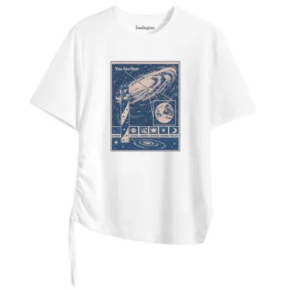 You Are Here Washed Space T-shirt Asymmetrical Top With Side Drawstring