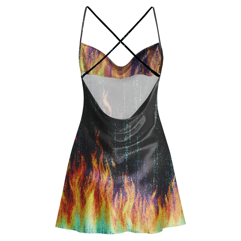 Soulisfree Digital Rainbow Flame Cowl Neck Satin Mini Dress
