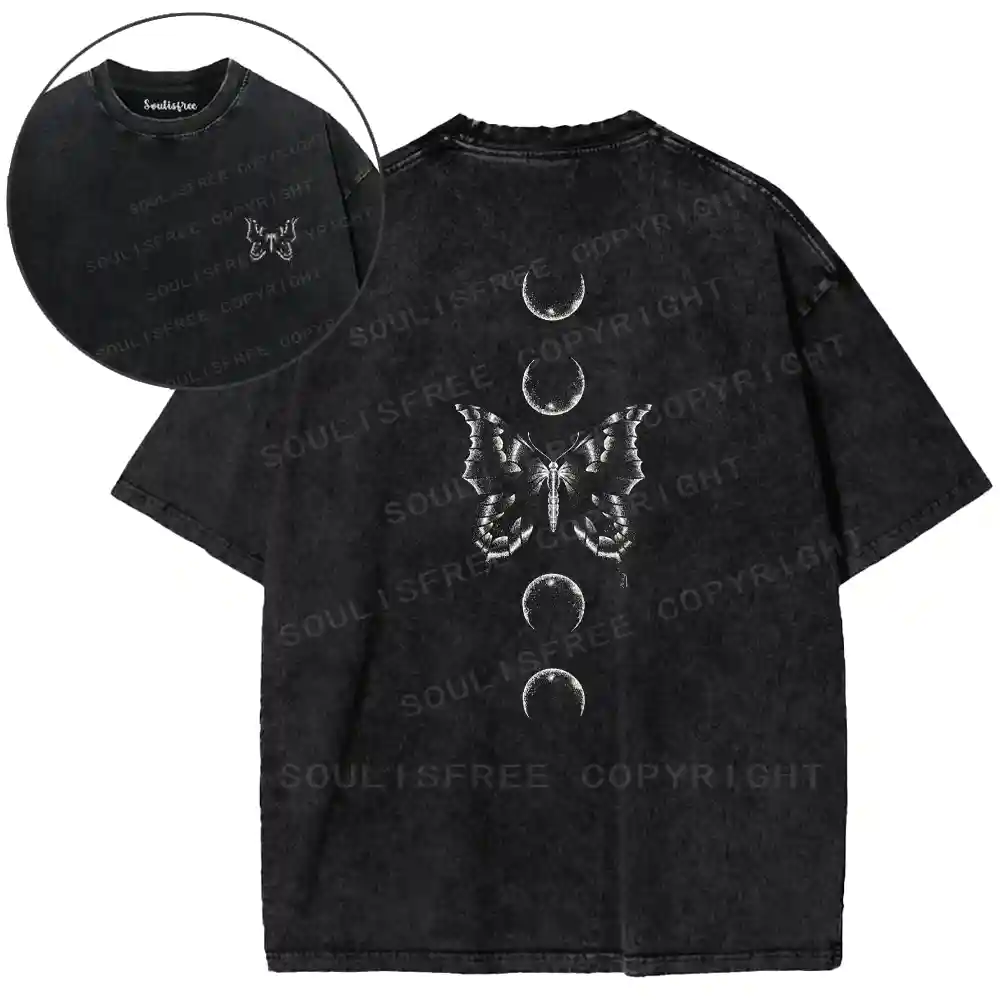 Lunar Phase Butterfly Double-Sided Washed T-shirt