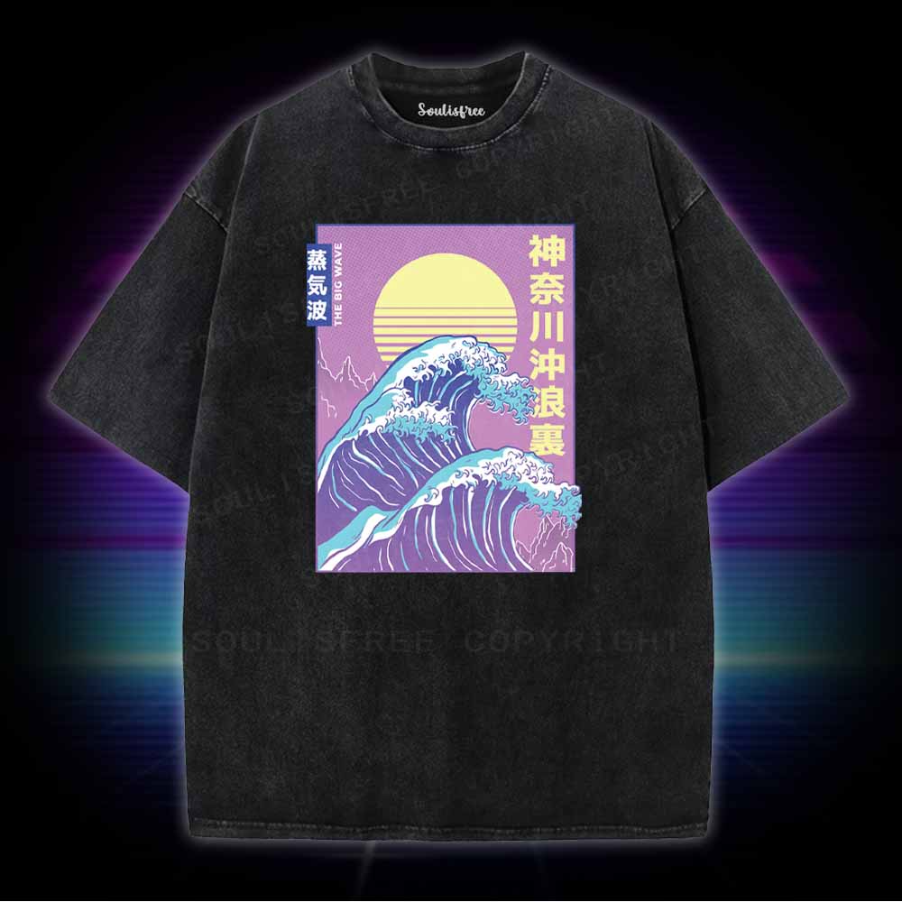 Soulisfree Retro Vaporwave Great Wave Washed Tee