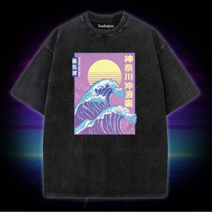 Soulisfree Retro Vaporwave Great Wave Washed Tee