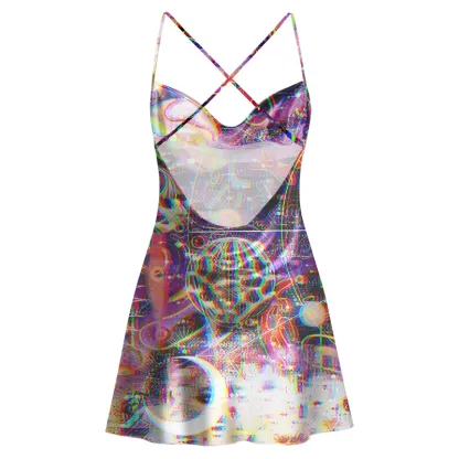 Soulisfree  Rainbow Cosmic Grid Cowl Neck Satin Mini Dress