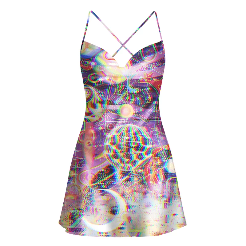 Soulisfree  Rainbow Cosmic Grid Cowl Neck Satin Mini Dress