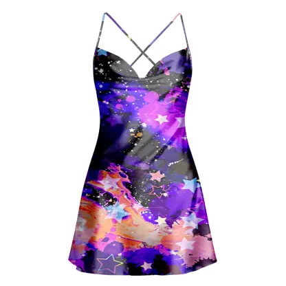 Soulisfree Neon Starburst Galaxy  Cowl Neck Satin Mini Dress