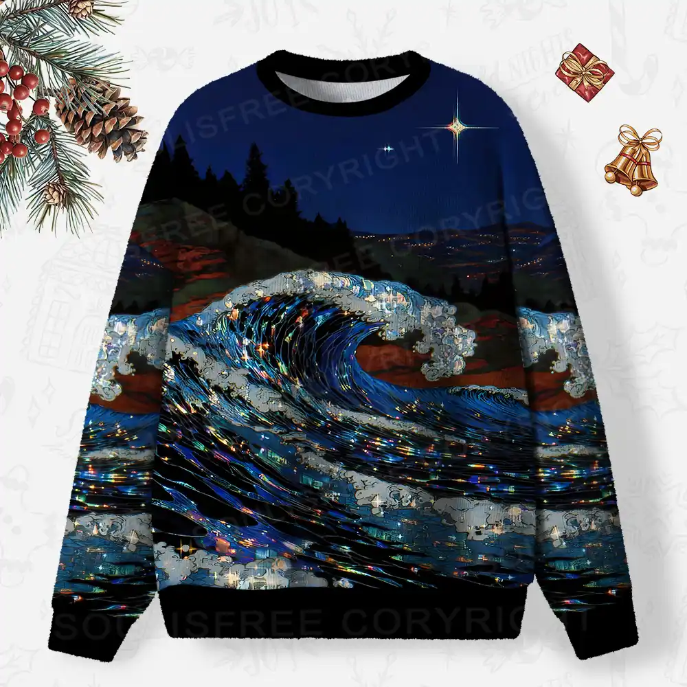 Midnight Starlit Wave Ugly Christmas Knit Sweatshirt