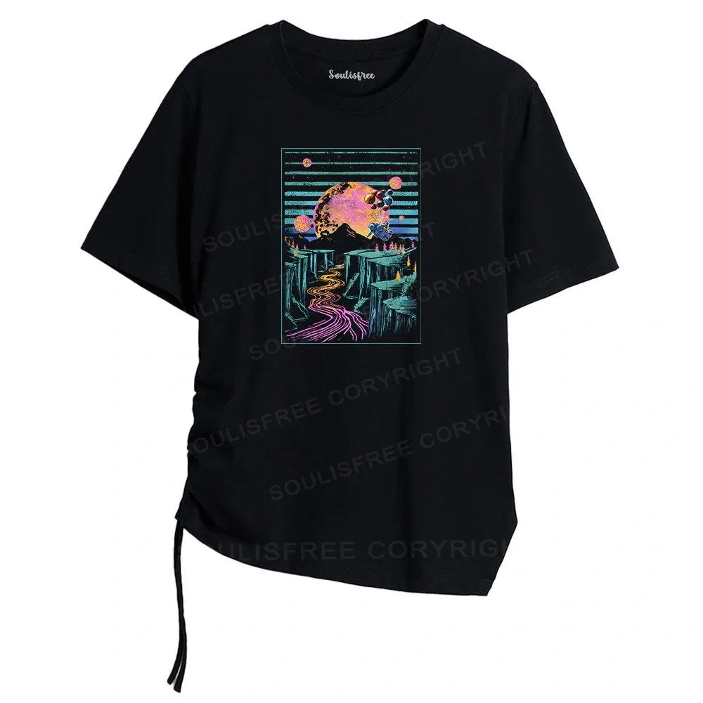 Designed Moon And Balloon Asymmetrical Top With Side Drawstring