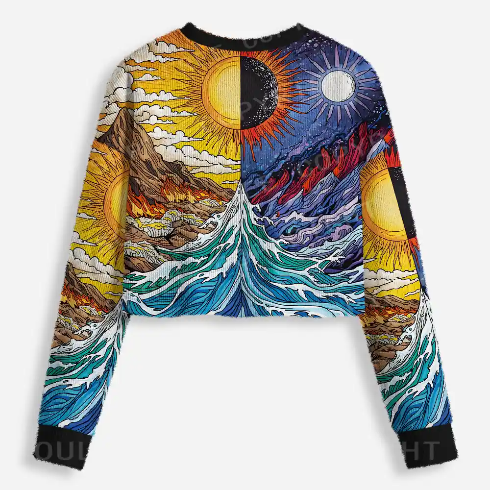 Sun & Moon Duality Waves Cropped Ugly Christmas Sweater