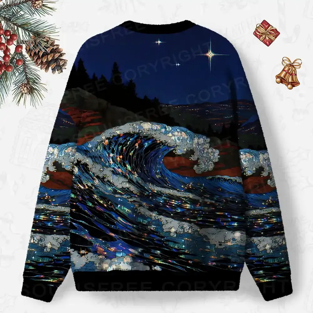 Midnight Starlit Wave Ugly Christmas Knit Sweatshirt