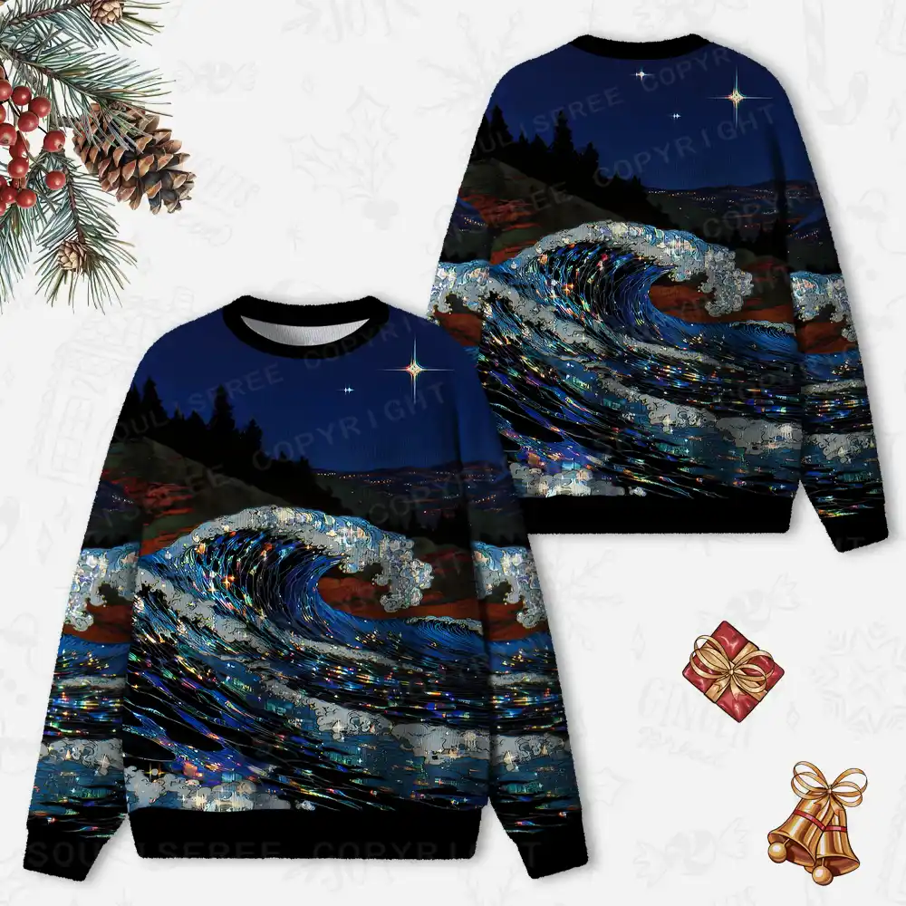 Midnight Starlit Wave Ugly Christmas Knit Sweatshirt