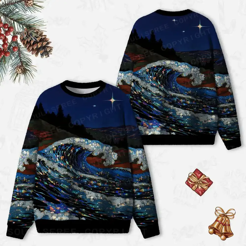 Midnight Starlit Wave Ugly Christmas Knit Sweatshirt