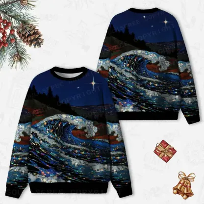 Midnight Starlit Wave Ugly Christmas Knit Sweatshirt