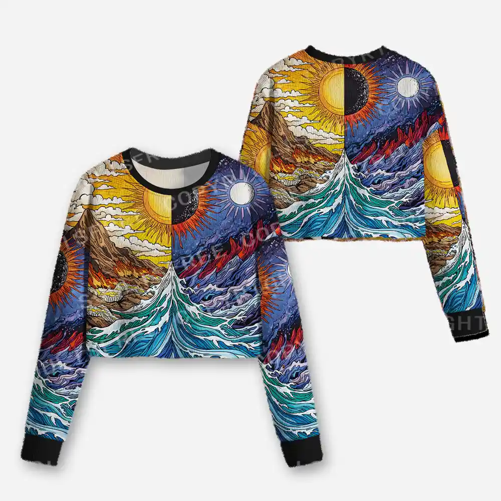 Sun & Moon Duality Waves Cropped Ugly Christmas Sweater