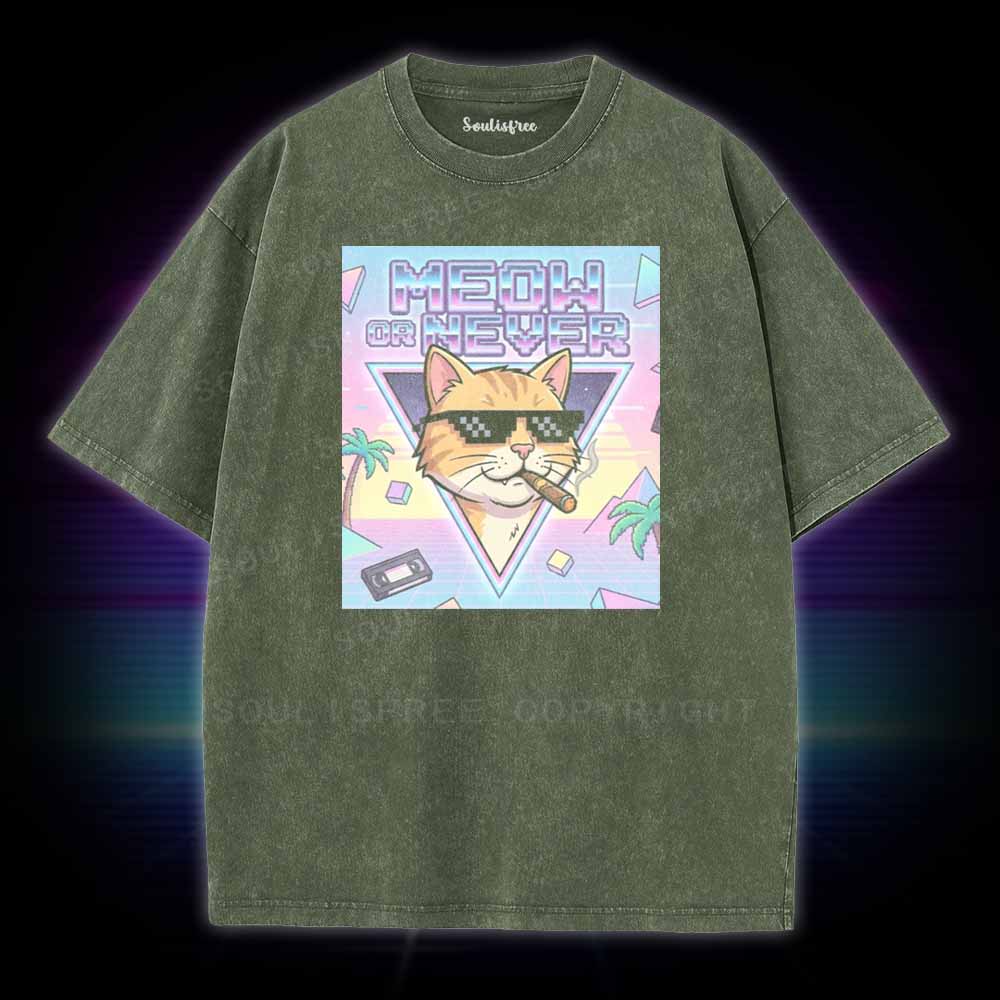Soulisfree Meow Or Never Vaporwave Cat Washed Tee