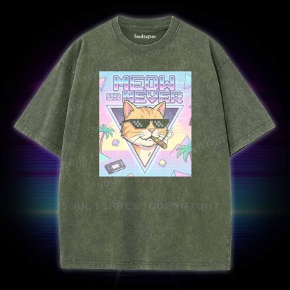 Soulisfree Meow Or Never Vaporwave Cat Washed Tee