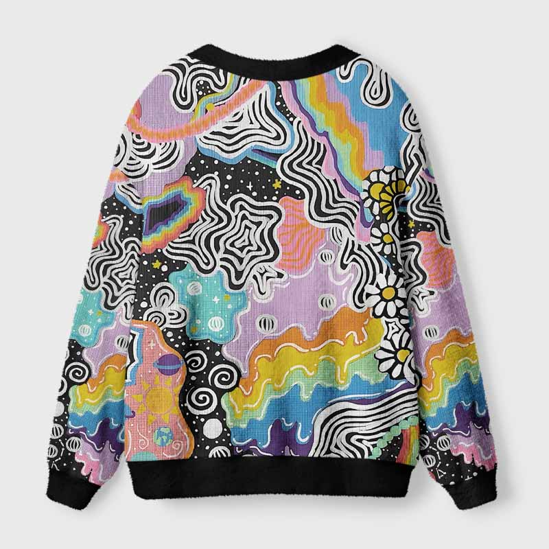 Soulisfree Psychedelic Vortex Collage Fuzzy Cardigan Sweater 