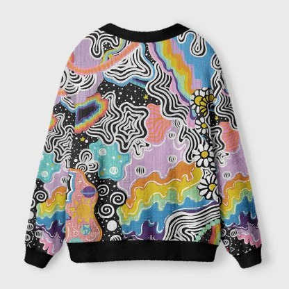 Soulisfree Psychedelic Vortex Collage Fuzzy Cardigan Sweater 
