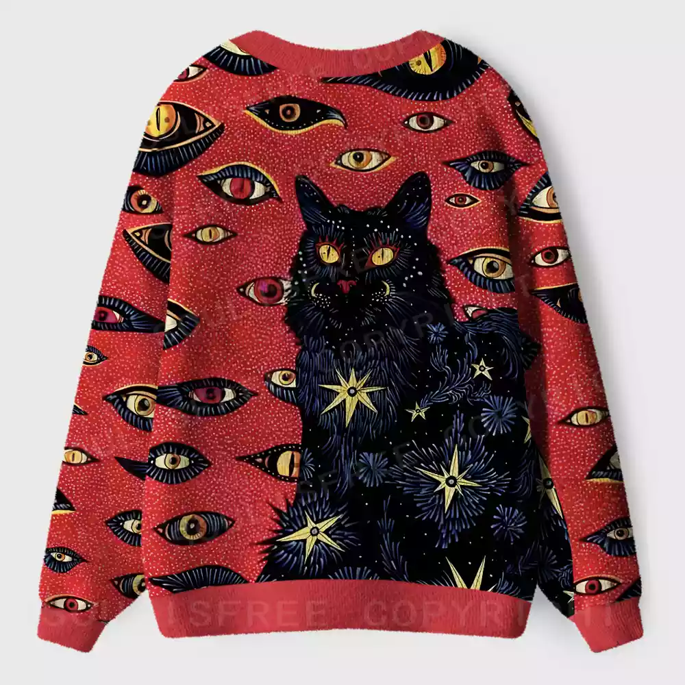 Cosmic Watcher Cat Ugly Cardigan Sweaters 