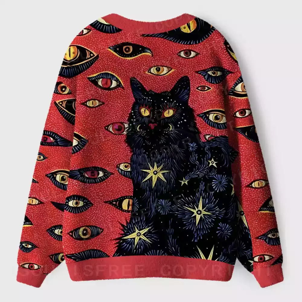 Cosmic Watcher Cat Ugly Cardigan Sweaters 